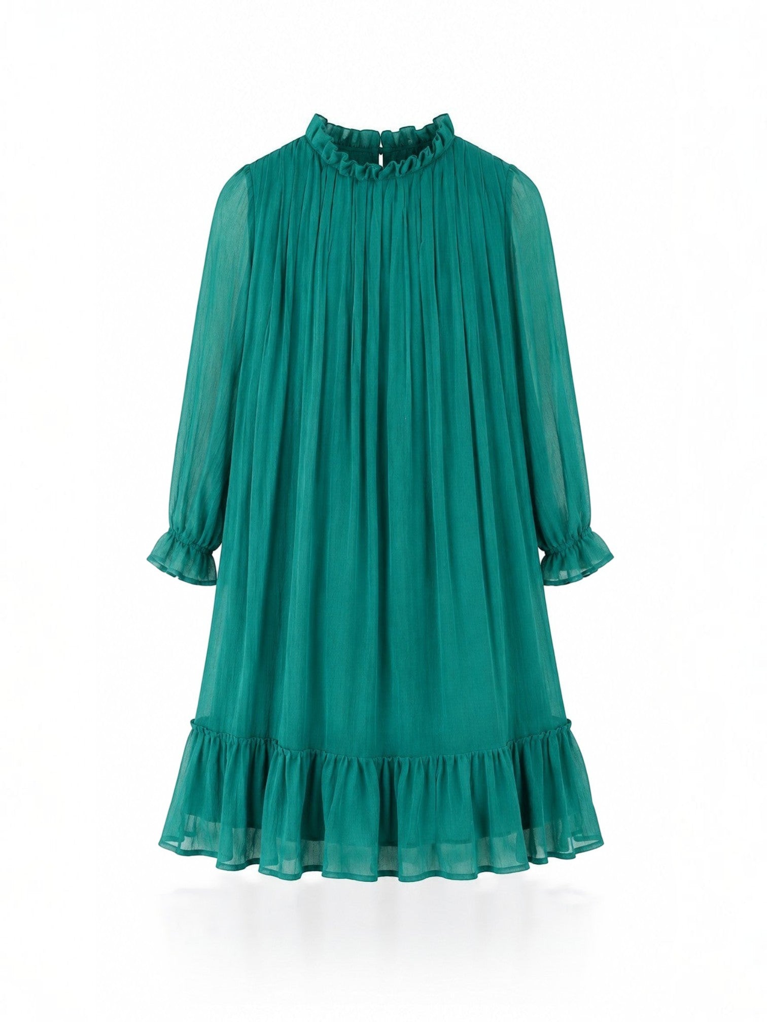 Baby Kids Cloths emerald green pleated mini dress with long sleeves, ruffle neckline, and tiered ruffle hem.
