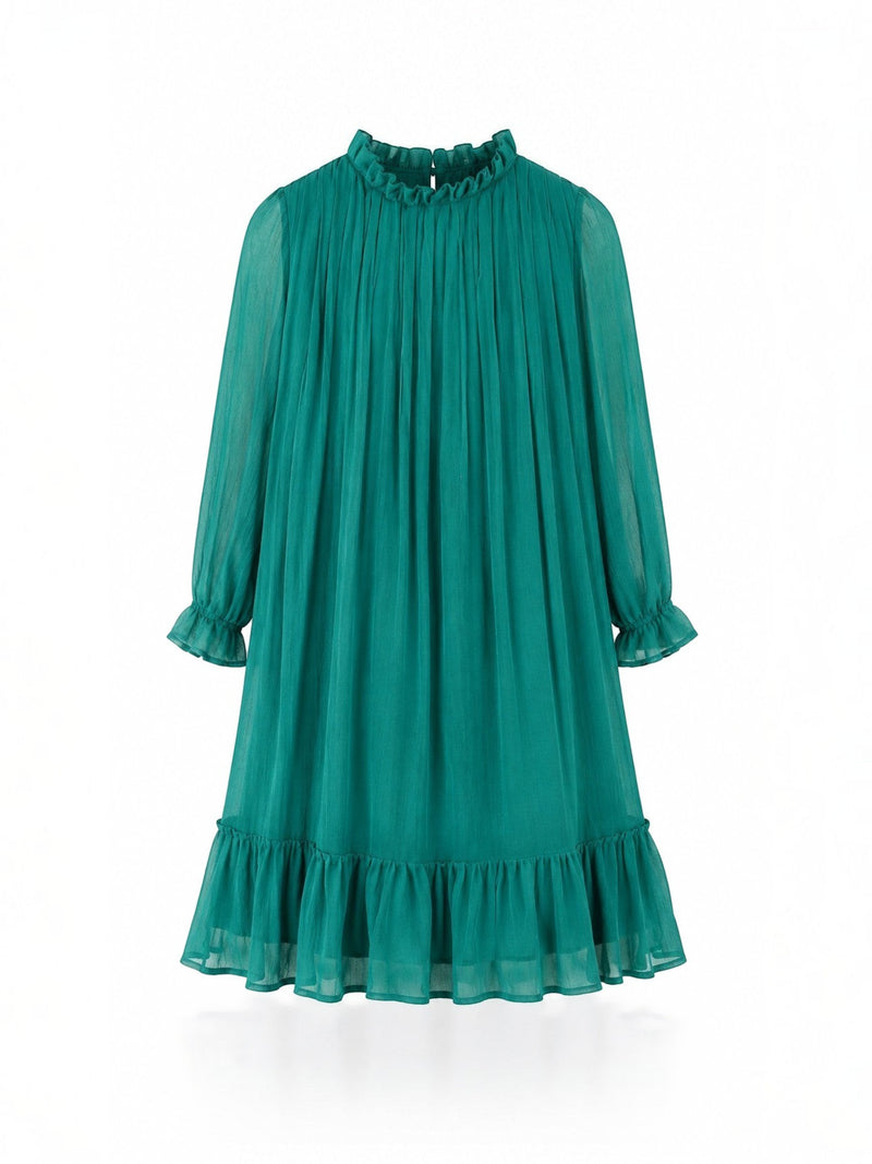 Baby Kids Cloths emerald green pleated mini dress with long sleeves, ruffle neckline, and tiered ruffle hem.