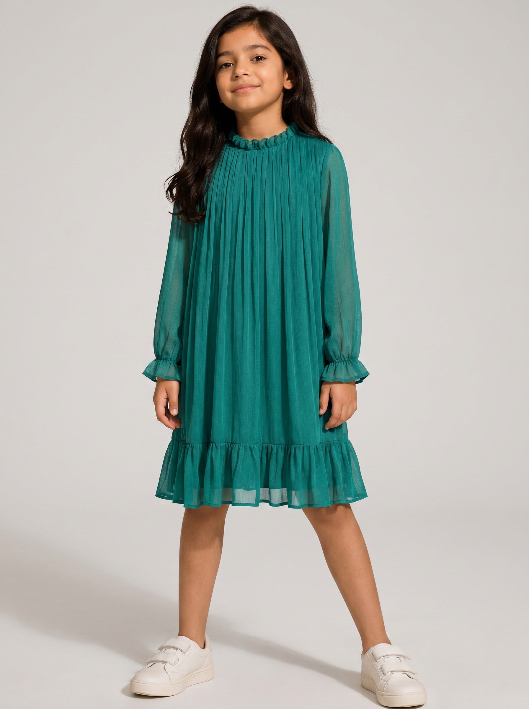 Baby Kids Cloths emerald green pleated long sleeve dress with ruffle neck and hem worn by a young girl