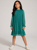 Baby Kids Cloths emerald green pleated long sleeve dress with ruffle neck and hem worn by a young girl