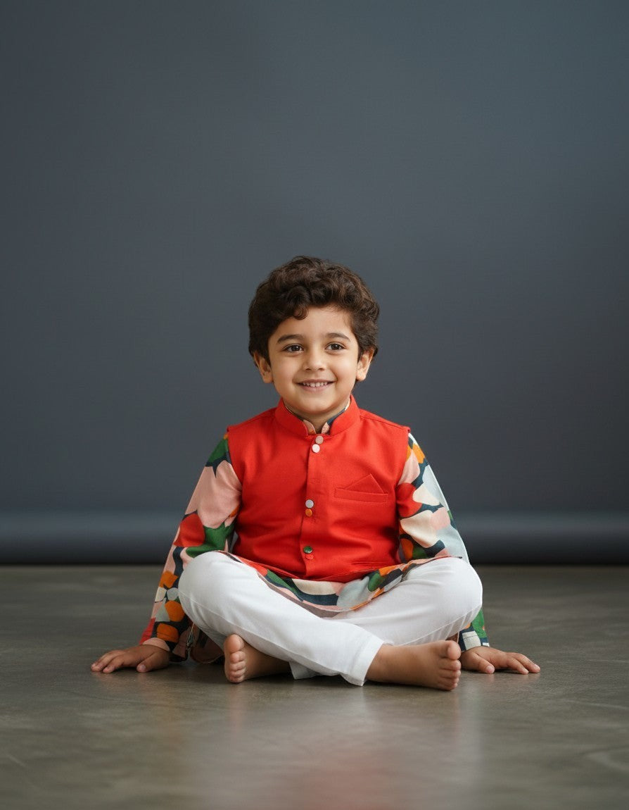 Baby Kids Cloths boy wearing a vibrant floral kurta with a red Nehru jacket and white bottoms for festive occasions.