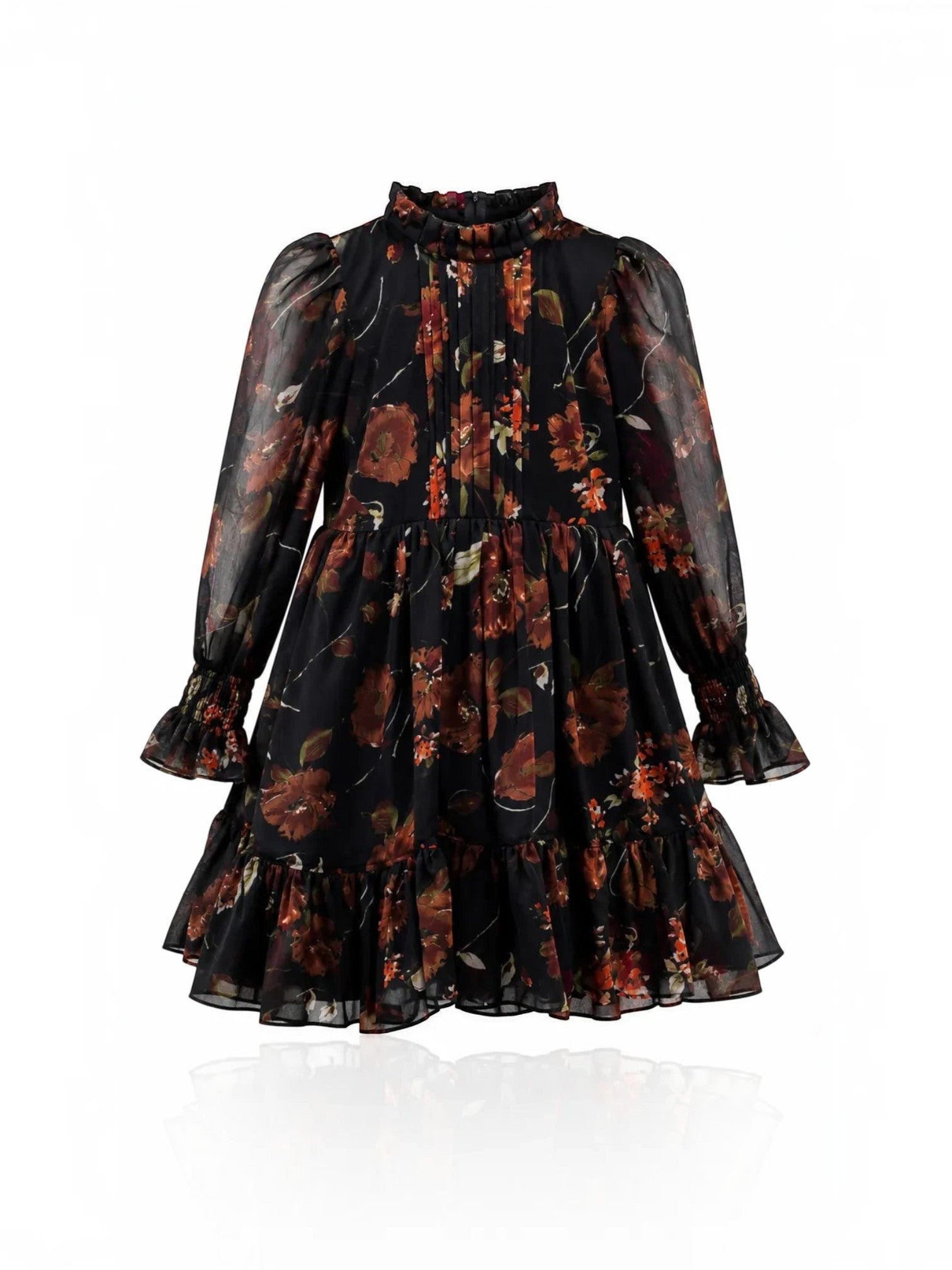 Baby Kids Cloths floral print mini dress with long sleeves, ruffled neckline, and tiered hem in black and rust tones.