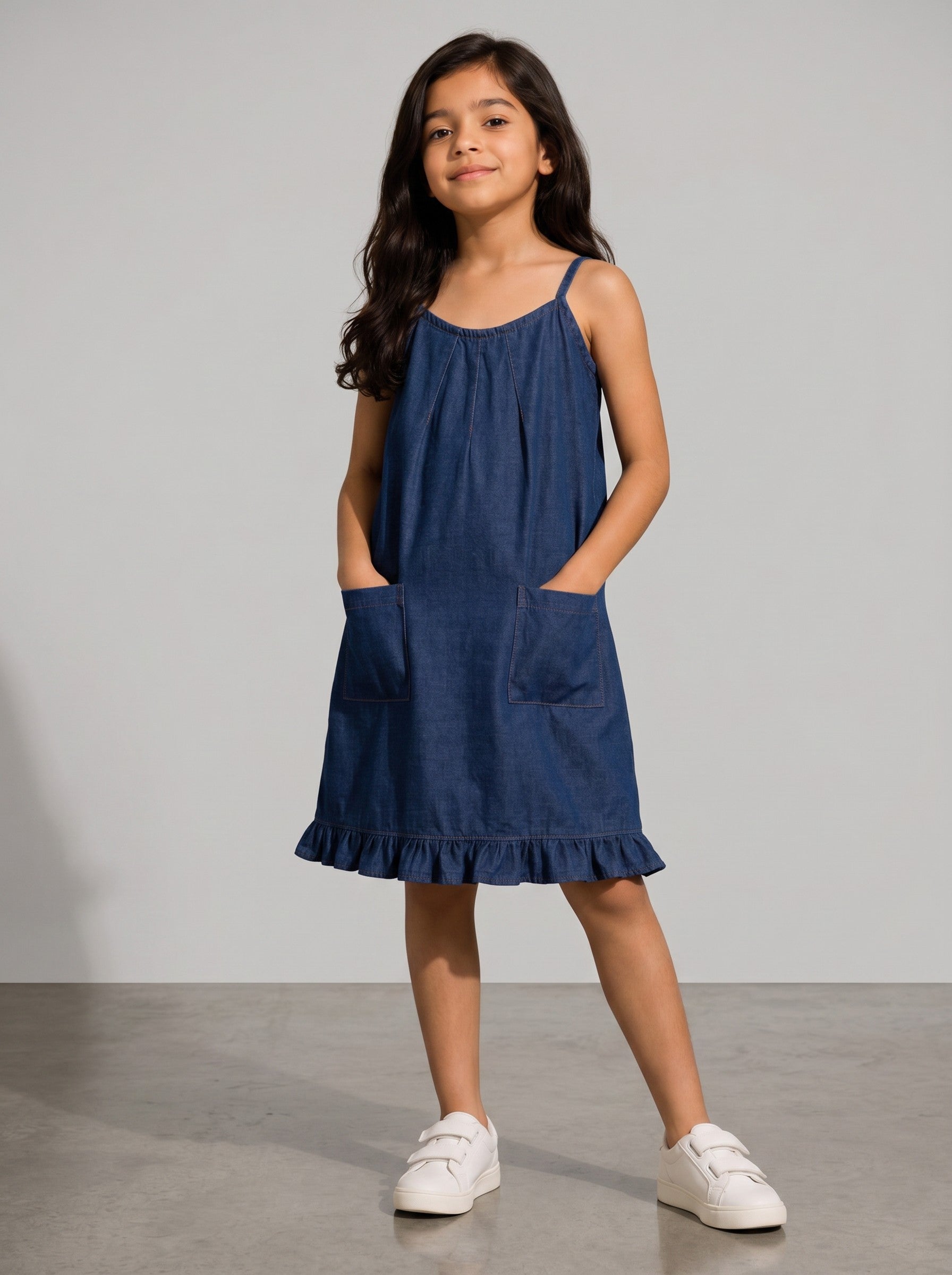 Baby Kids Cloths girls sleeveless indigo denim frock with a ruffled hem, pleated neckline, and two front pockets.