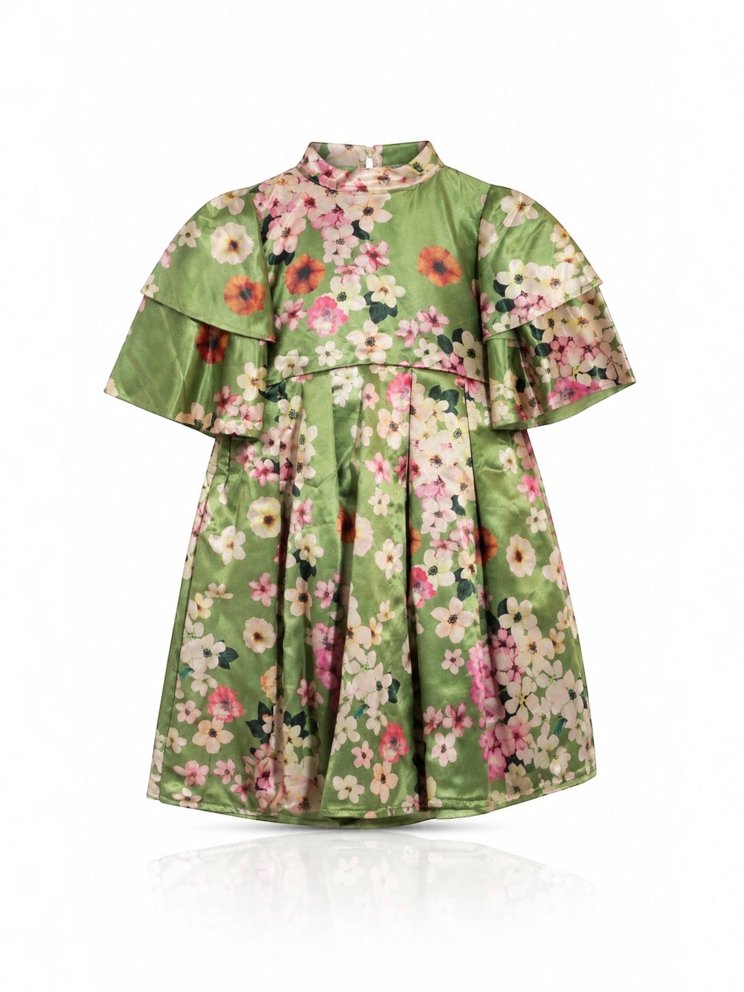 Baby Kids Cloths floral print satin dress for girls featuring a green base with pink flowers and flutter sleeves.