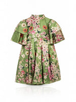 Baby Kids Cloths floral print satin dress for girls featuring a green base with pink flowers and flutter sleeves.