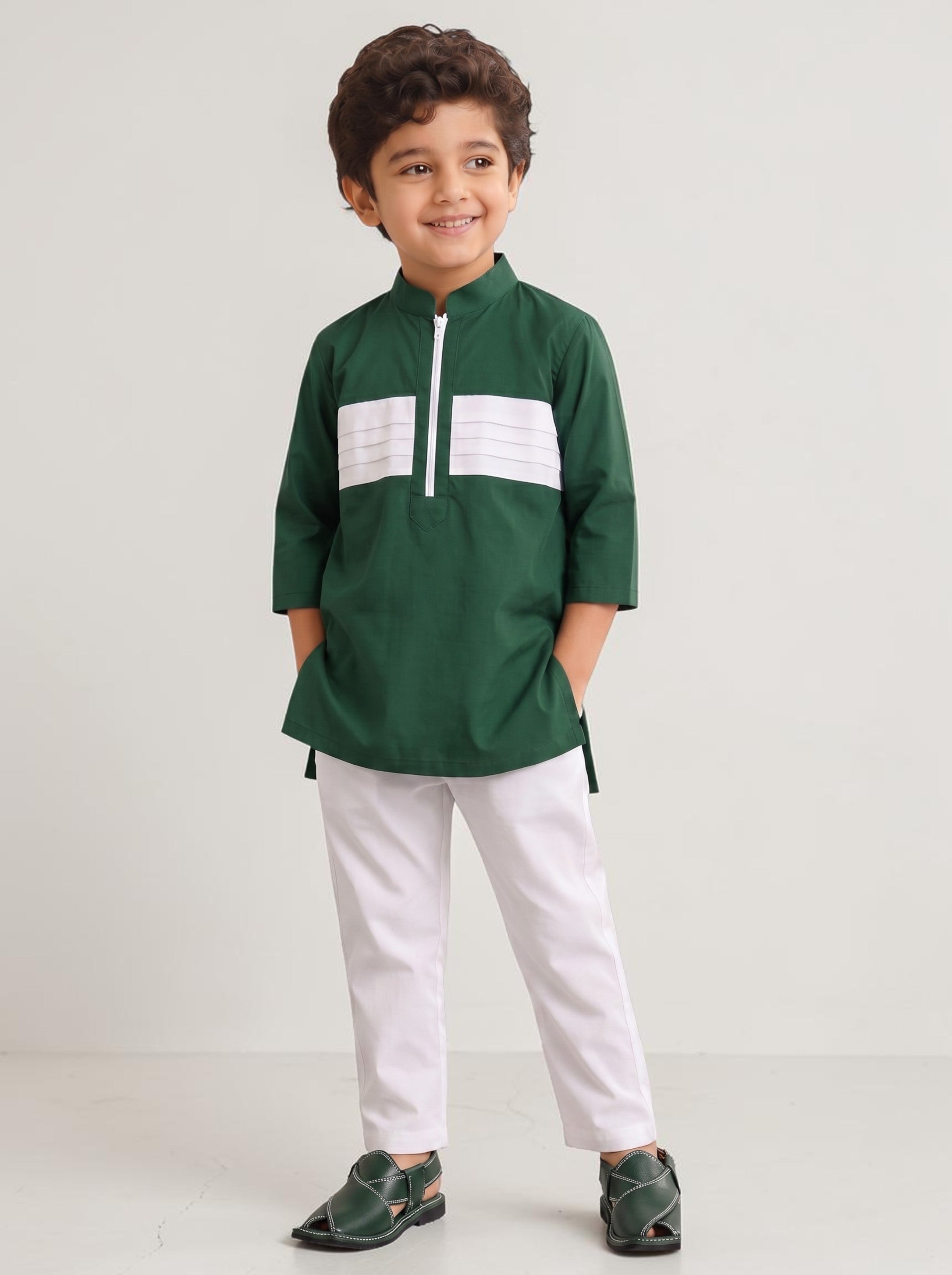 Baby Kids Cloths forest green and white long sleeve tunic kurta with matching white pyjama pants on a young boy