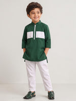 Baby Kids Cloths forest green and white long sleeve tunic kurta with matching white pyjama pants on a young boy