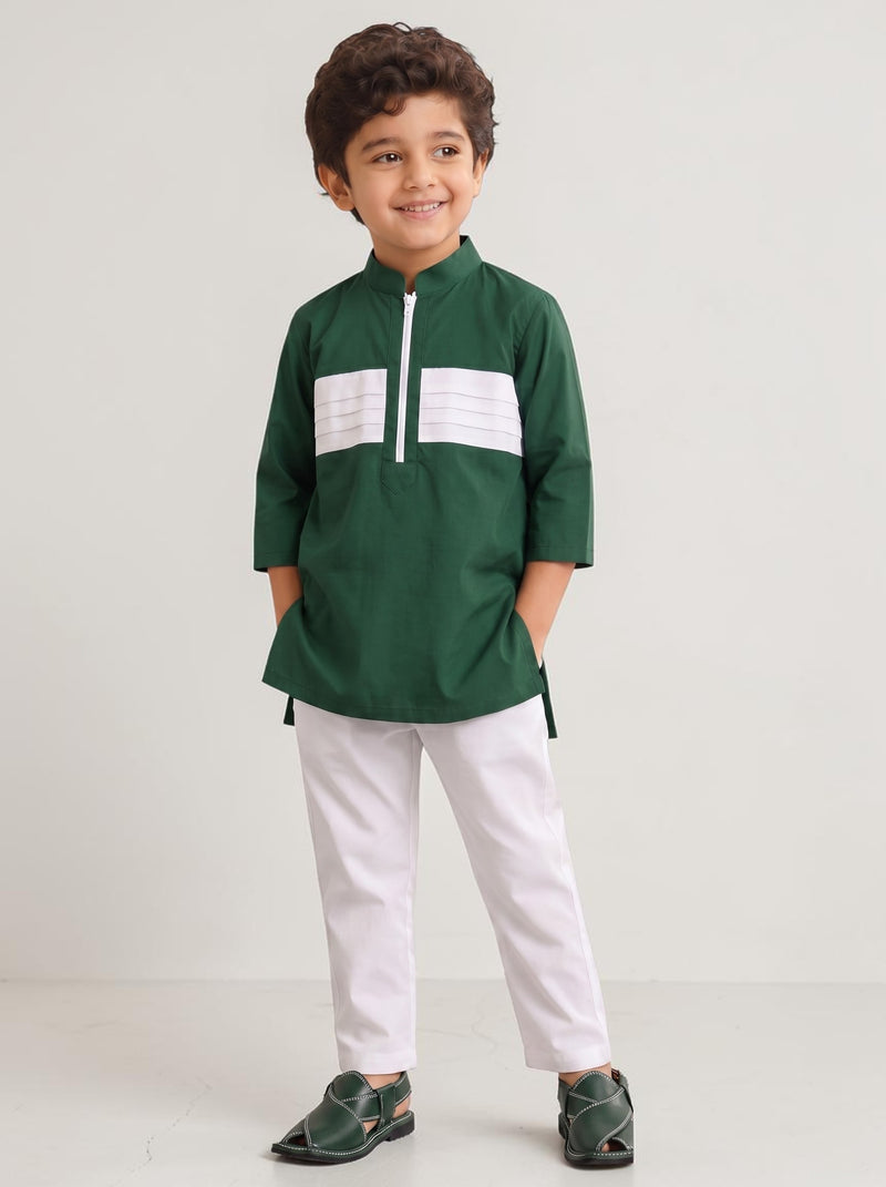Baby Kids Cloths forest green and white long sleeve tunic kurta with matching white pyjama pants on a young boy