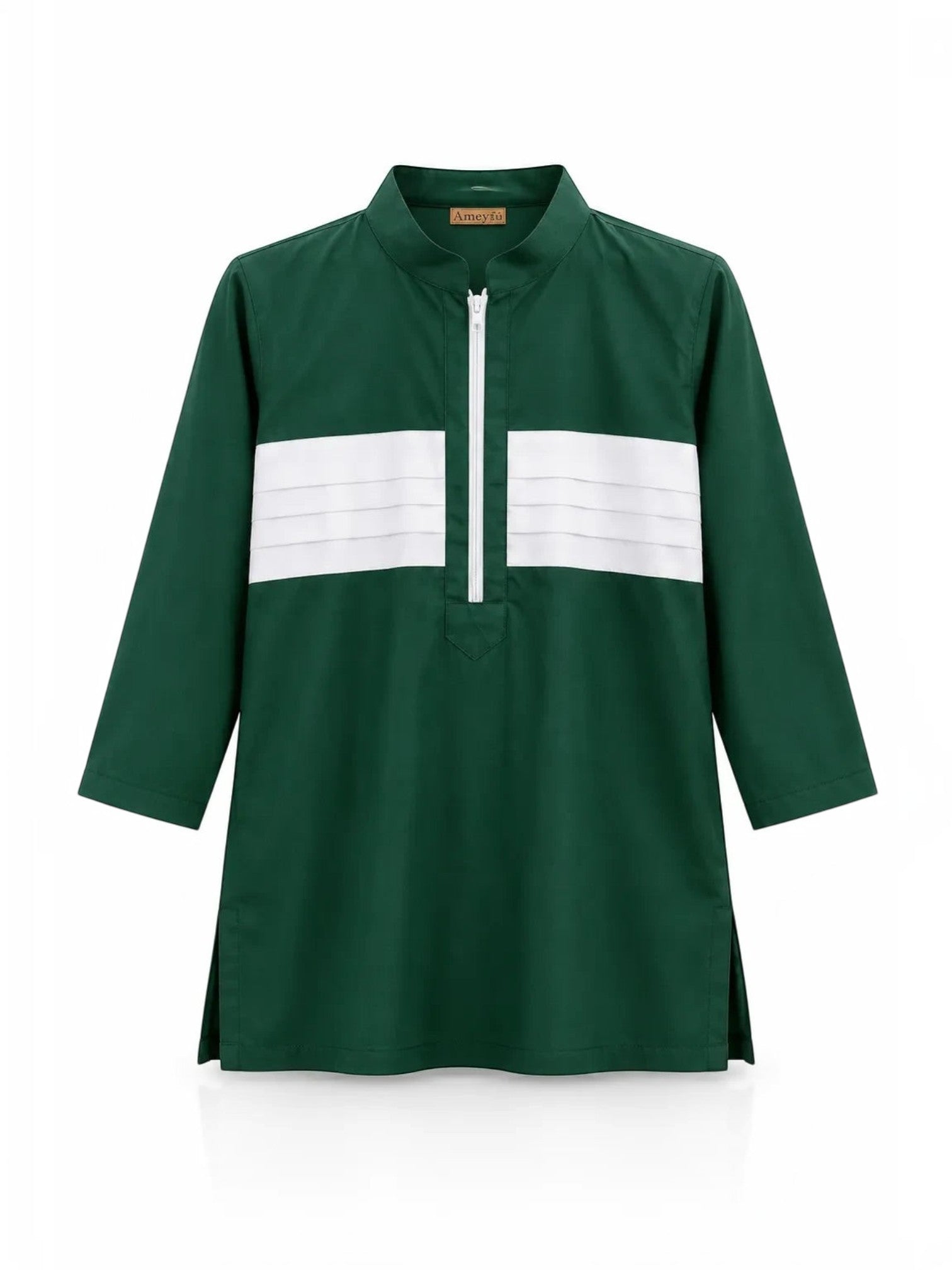 Baby Kids Cloths forest green tunic shirt with white chest panel, front zipper, and three-quarter sleeves.