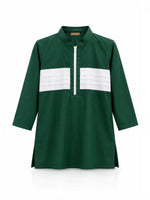 Baby Kids Cloths forest green tunic shirt with white chest panel, front zipper, and three-quarter sleeves.