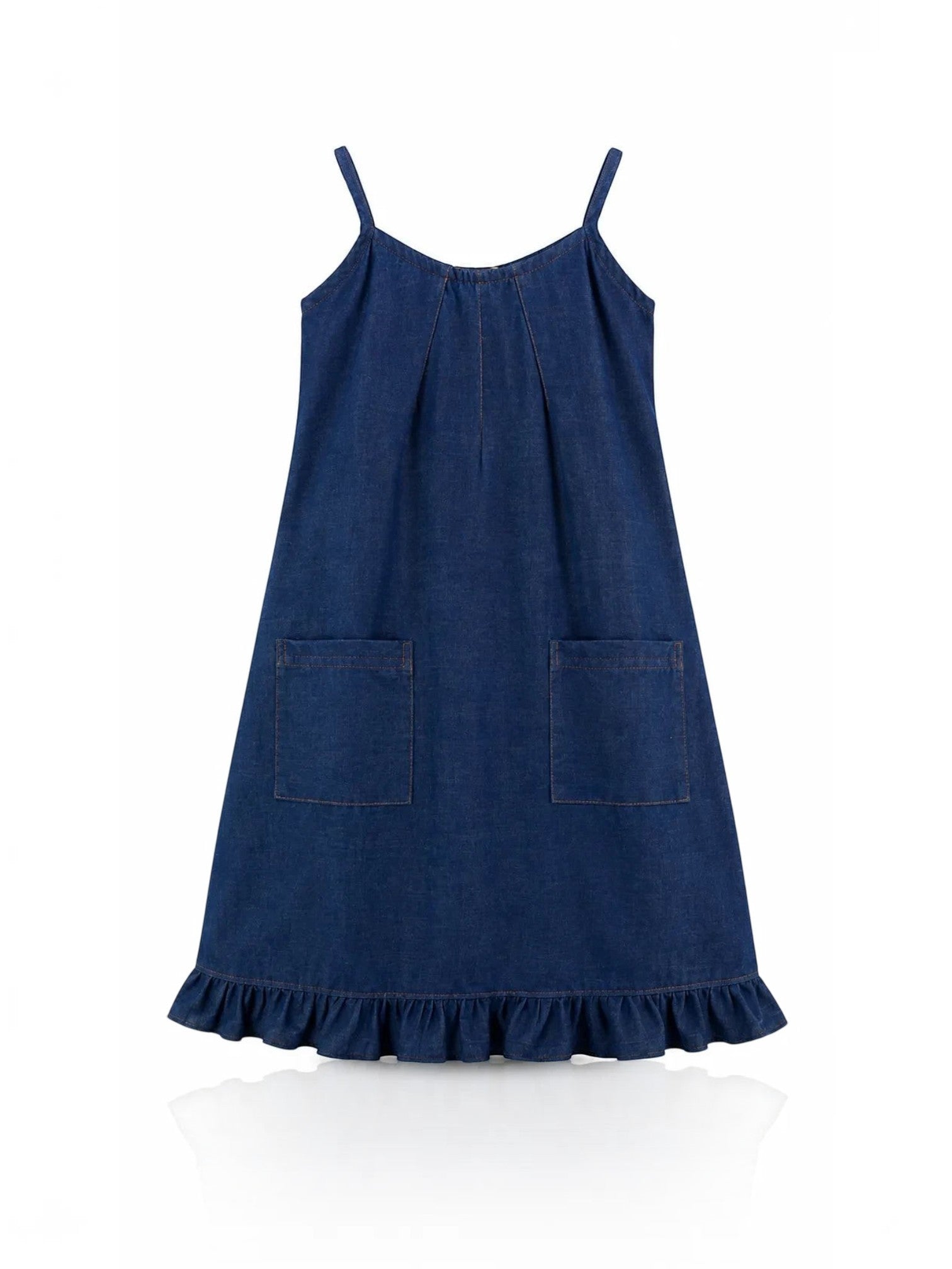 Baby Kids Cloths deep indigo denim apron with spaghetti straps, front patch pockets, and a playful ruffled hemline.
