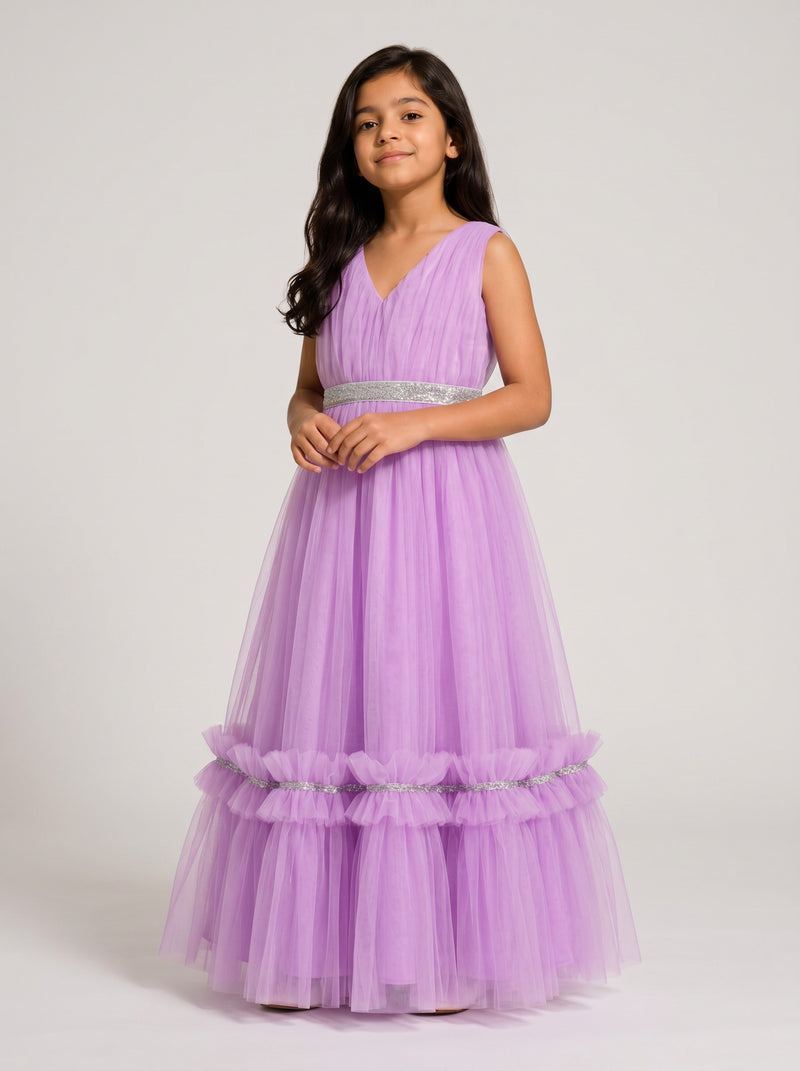 Baby Kids Cloths lavender sleeveless tulle dress with a pleated bodice, silver glitter waistband, and ruffled hem.