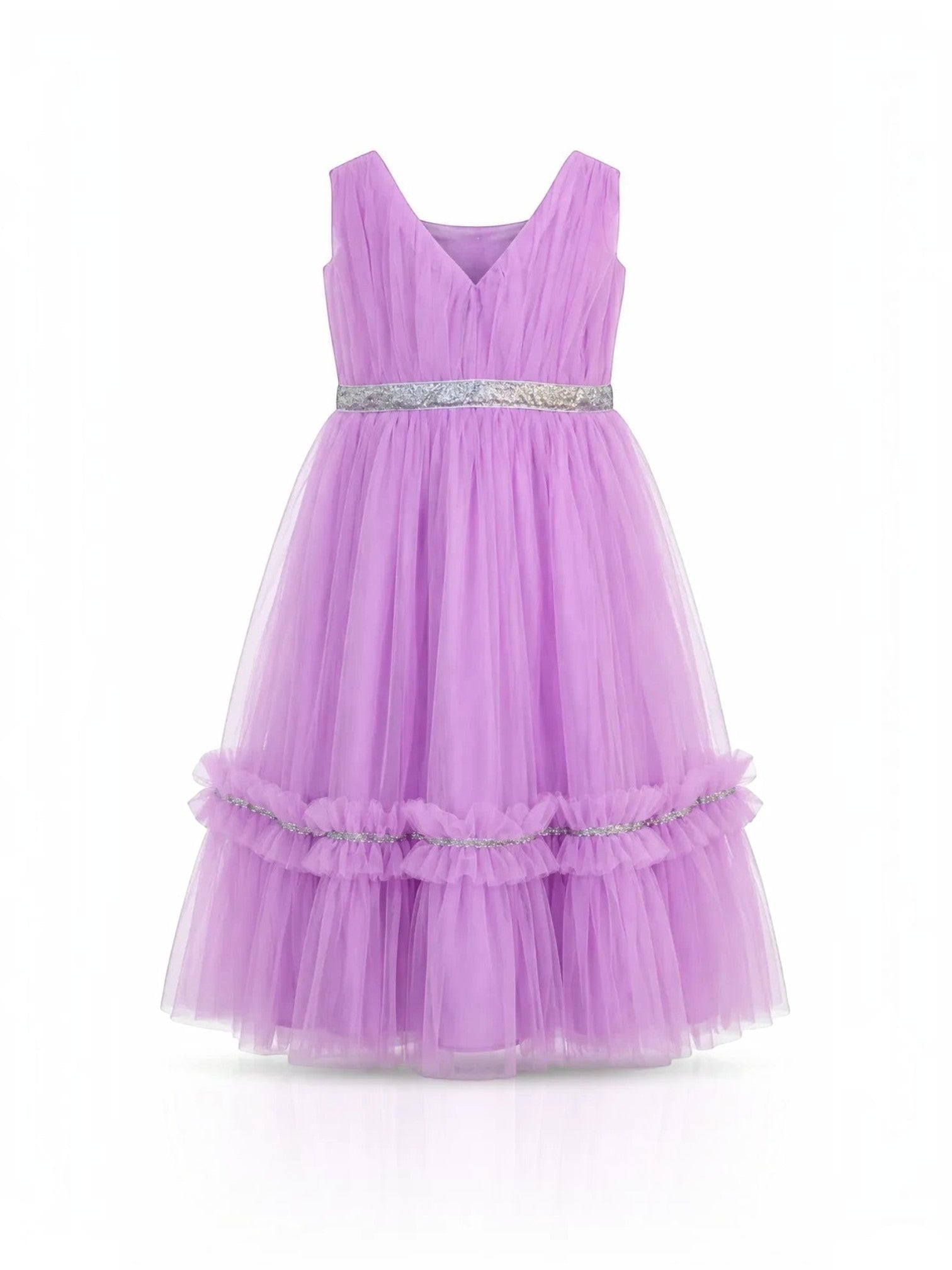 Baby Kids Cloths sleeveless lavender tulle dress with a pleated bodice, silver glitter waistband, and ruffled hem.