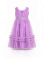 Baby Kids Cloths sleeveless lavender tulle dress with a pleated bodice, silver glitter waistband, and ruffled hem.