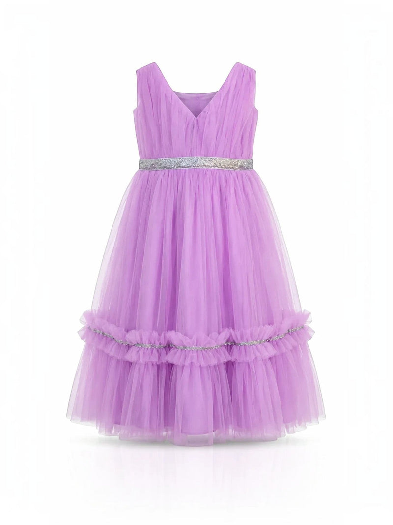 Baby Kids Cloths sleeveless lavender tulle dress with a pleated bodice, silver glitter waistband, and ruffled hem.