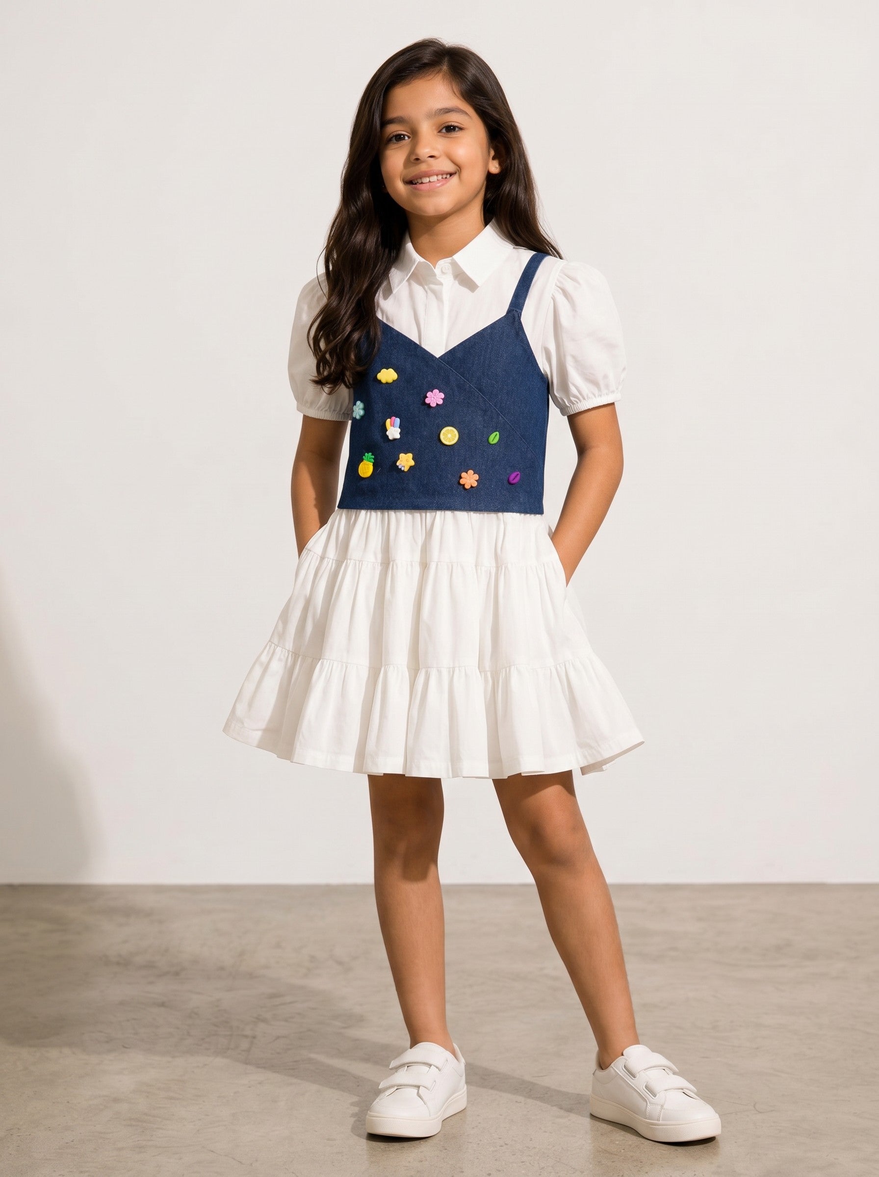 Baby Kids Cloths layered cotton party dress with a white blouse and denim bodice featuring colorful charms.