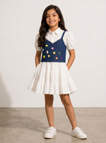 Baby Kids Cloths layered cotton party dress with a white blouse and denim bodice featuring colorful charms.