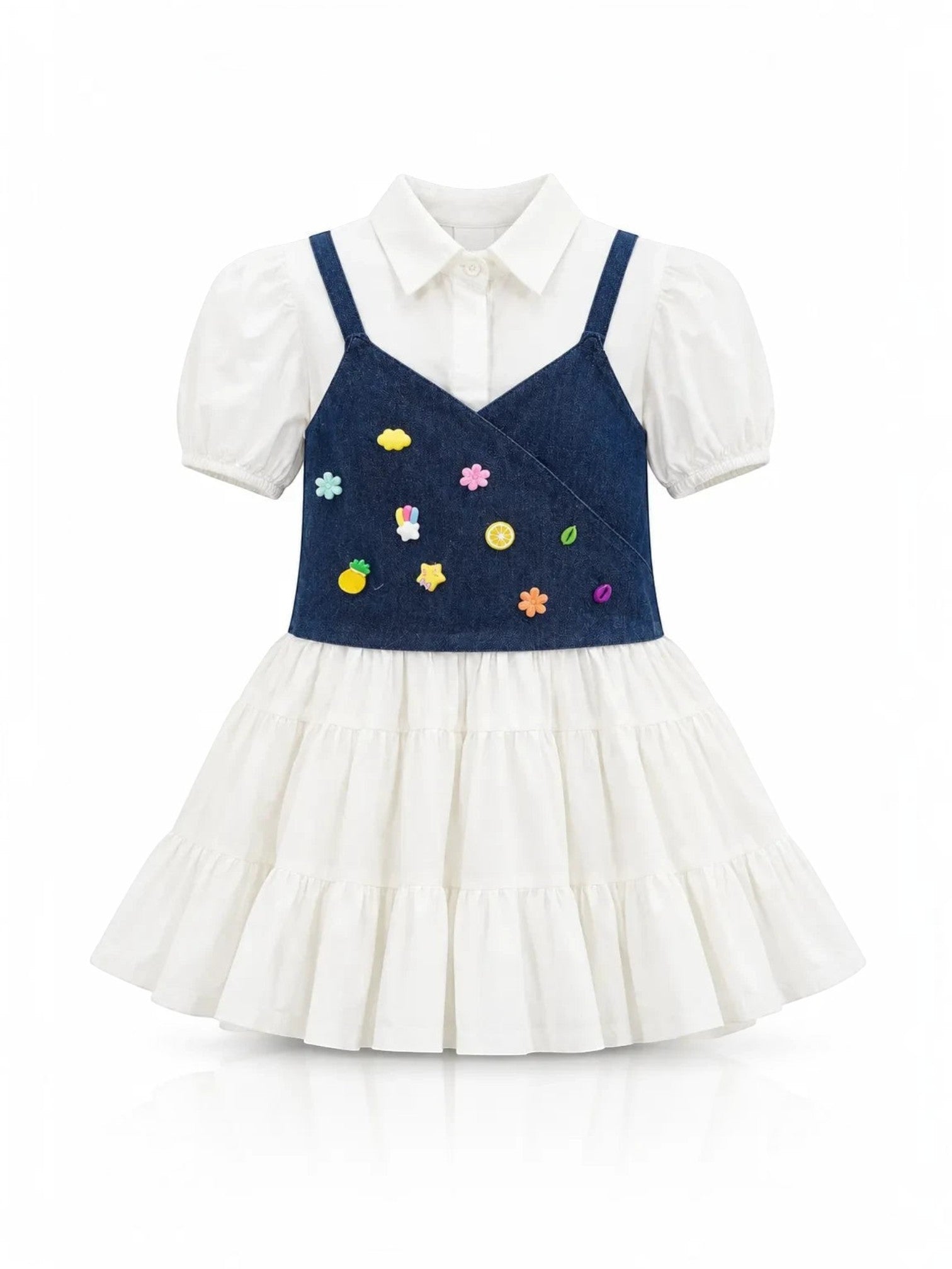 Baby Kids Cloths girls layered dress with white puff-sleeve blouse, denim bodice, and colorful whimsical charms.