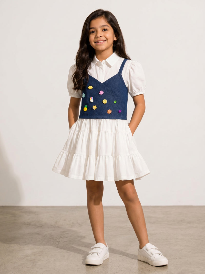 Baby Kids Cloths layered cotton party dress with a white blouse and denim bodice featuring colorful charms.