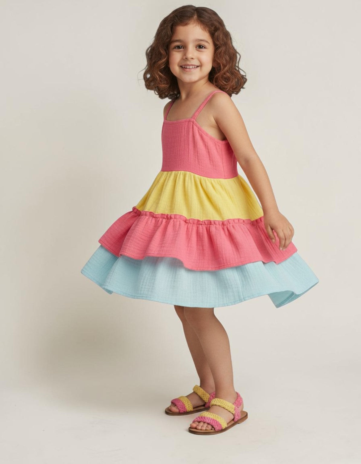 Baby Kids Cloths multicolored pastel tiered muslin cotton frock worn by a smiling girl twirling in a studio