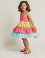Baby Kids Cloths multicolored pastel tiered muslin cotton frock worn by a smiling girl twirling in a studio
