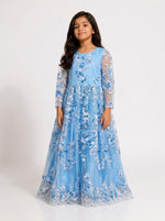 Baby Kids Cloths sky-blue floral embroidered mesh dress with long sleeves and tulle overlay on a young girl.