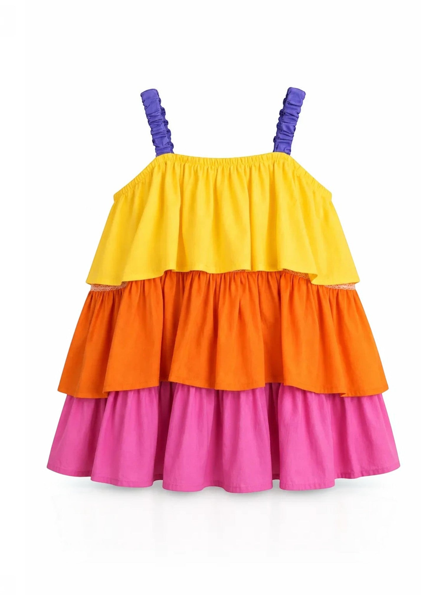 Baby Kids Cloths toddler girls color-blocked tiered sundress in yellow, orange, and pink with purple elastic straps.