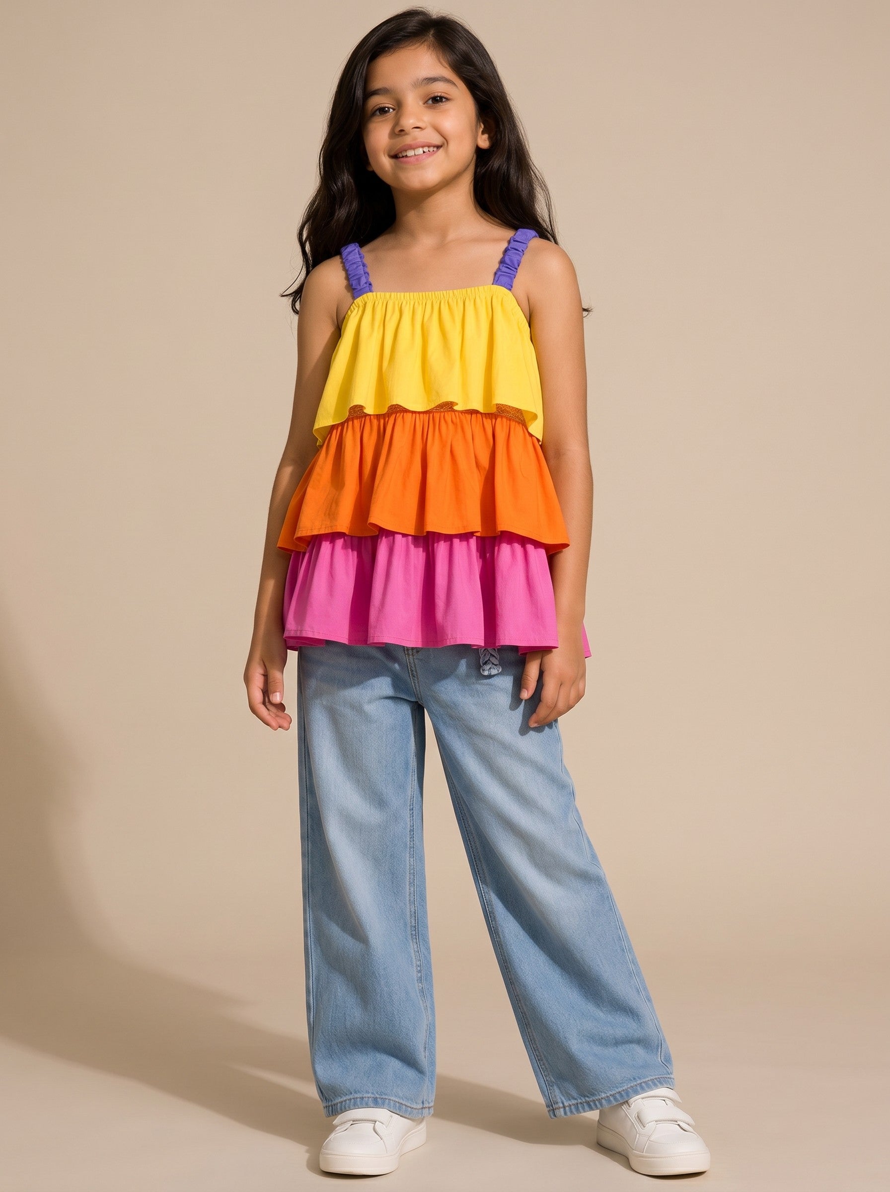Baby Kids Cloths girl wearing a vibrant yellow, orange, and pink tiered ruffle sleeveless top with purple straps.