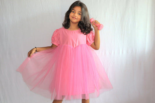 Pink net frill cotton frock